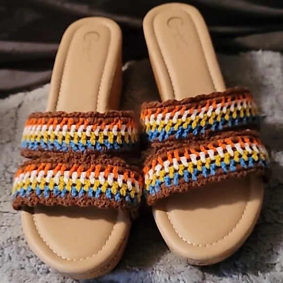 Comfort EST.1946 Crochet Cork Wedge Teal/Brown/Orange/White Cushion Sole Size 11 - Picture 5 of 10